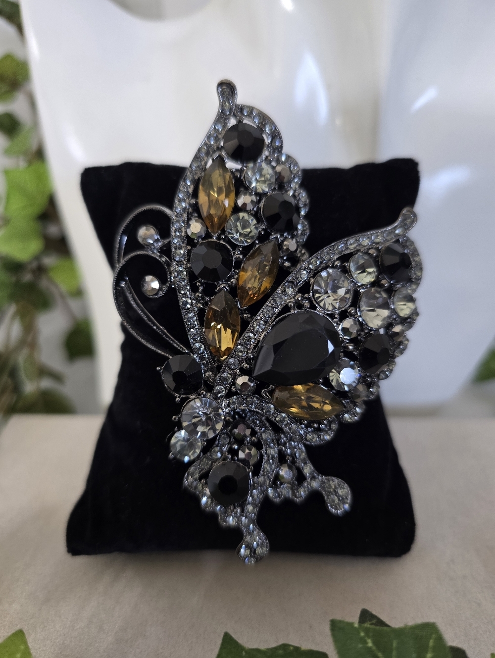 Statement Gunmetal Silver Butterfly Brooch Pin / Pendant Black & Amber Crystals